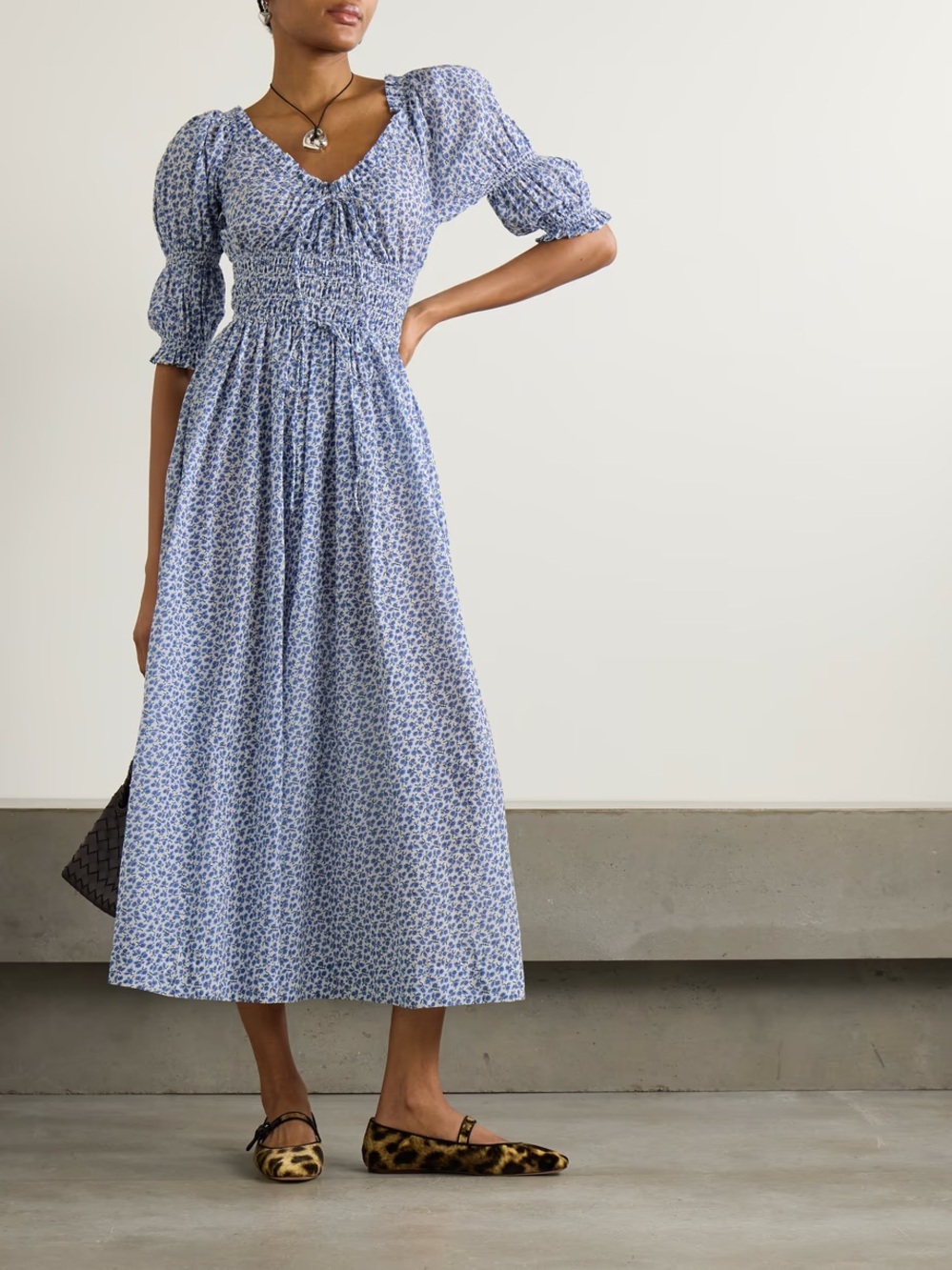 DÔEN Ischia shirred floral-print organic cotton-voile midi dress